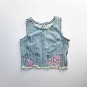 100% Cotton Light Wash Pink Floral Embroidered Zip Raw Hem Denim Vest Top S M 4